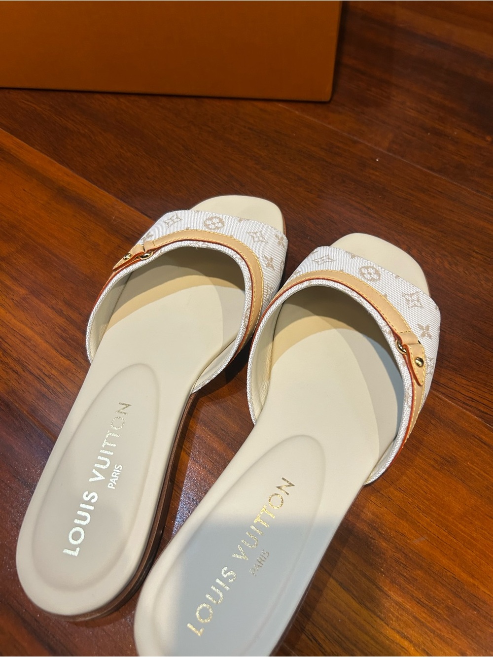 Louis Vuitton Cream & Tan Monogram Slide Mules